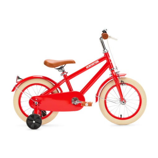 De Generation Retro 14 inch Rood – Kinderfiets is perfect voor 3-5 jarigen, met stijlvol design, veilige remmen, en comfort. Inclusief zijwieltjes, ideaal voor een veilige en plezierige fietservaring.