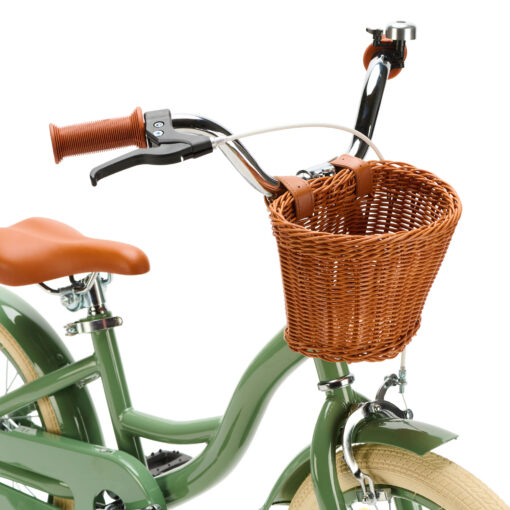 De Generation Blanco 16 Inch Olijfgroen met Mandje is een stevige, stijlvolle kinderfiets voor kinderen van 4-6 jaar. Met een robuust stalen frame, verstelbaar zadel en stuur, en een handig mandje voorop.