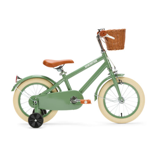 De Generation Retro 14 inch Groen – Kinderfiets met mandje is perfect voor 3-5 jarigen, met stijlvol design, veilige remmen, en comfort. Inclusief zijwieltjes, ideaal voor een veilige en plezierige fietservaring.