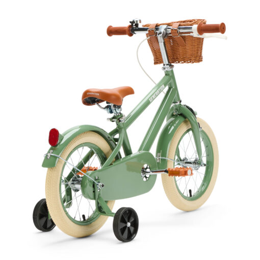 De Generation Retro 14 inch Groen – Kinderfiets met mandje is perfect voor 3-5 jarigen, met stijlvol design, veilige remmen, en comfort. Inclusief zijwieltjes, ideaal voor een veilige en plezierige fietservaring.