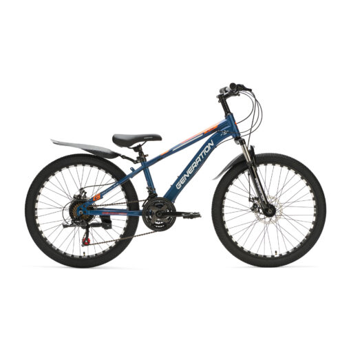 Ontdek de blauwe Generation M-760 Mountainbike 24 inch met spatborden voor kinderen van 7-10 jaar. Met stoer design, 21 versnellingen en schijfremmen voor optimale veiligheid en plezier!