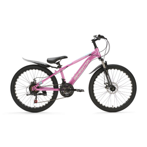 Ontdek de roze Generation M-760 Mountainbike 24 inch met spatborden voor kinderen van 7-10 jaar. Met stoer design, 21 versnellingen en schijfremmen voor optimale veiligheid en plezier!