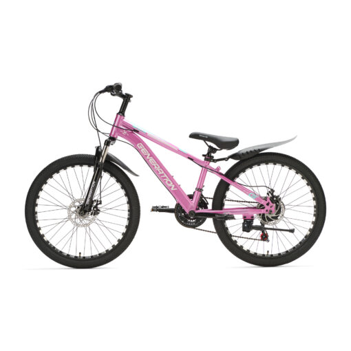Ontdek de roze Generation M-760 Mountainbike 24 inch met spatborden voor kinderen van 7-10 jaar. Met stoer design, 21 versnellingen en schijfremmen voor optimale veiligheid en plezier!