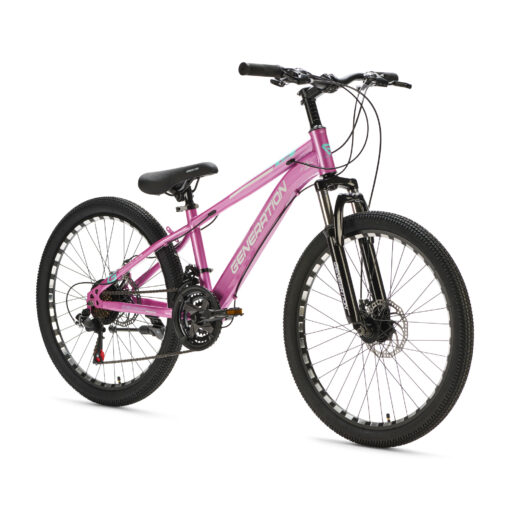 Ontdek de roze Generation M-760 Mountainbike 24 inch voor kinderen van 7-10 jaar. Met stoer design, 21 versnellingen en schijfremmen voor optimale veiligheid en plezier!