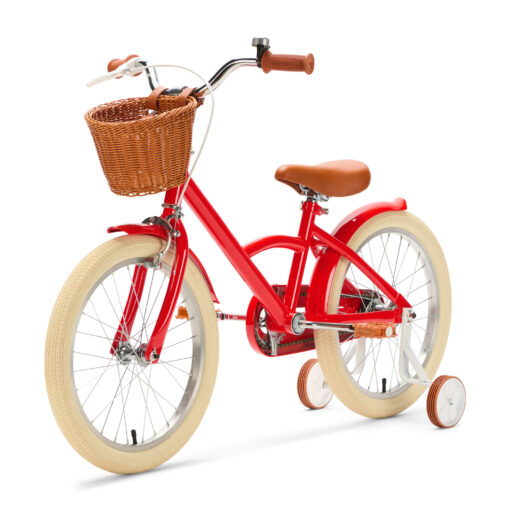 De Generation Classic 18 Inch Rood met mandje is een stoere kinderfiets voor kinderen van 5 tot 8 jaar. Met zijwieltjes, een stevig stalen frame, rotan mandje en bruine accenten is deze fiets zowel praktisch als stijlvol. Voorzien van een achteruittraprem én handrem, reflectoren en een gesloten kettingkast voor veilig en comfortabel fietsen.