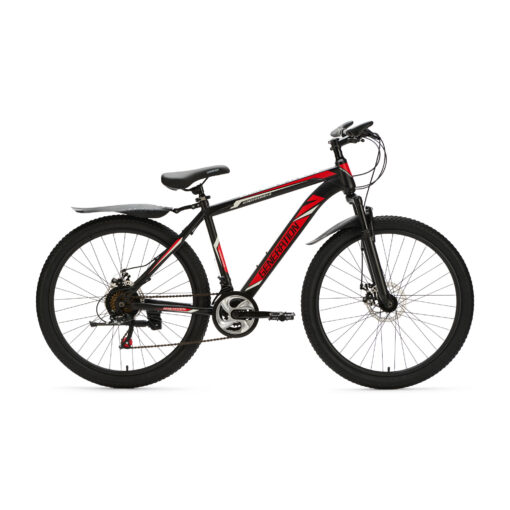 De Generation Mountainbike 26 inch Rood/Zwart met spatborden is een stoere en betrouwbare fiets voor kinderen van 10 tot 14 jaar. Met 21 versnellingen, geveerde voorvork, schijfremmen en verstelbaar zadel en stuur is deze mountainbike perfect voor straat- en recreatieve off-road ritten, zelfs bij regenachtig weer.