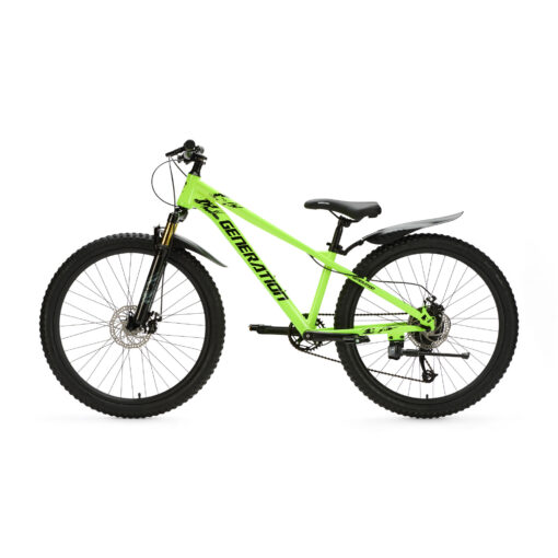 De Generation X8 Mountainbike 26 inch - Neon Geel met spatborden is een stoere en praktische fiets voor kinderen van 10 tot 14 jaar. Met 8 versnellingen, schijfremmen en verstelbaar zadel is hij geschikt voor straat- en recreatieve off-road ritten, terwijl de spatborden kleding droog en schoon houden.