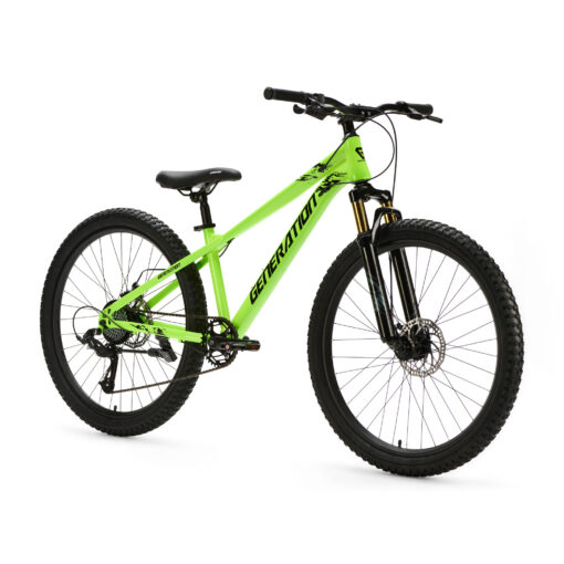 De Generation X8 Mountainbike 26 inch - Neon Geel is een stoere fiets voor kinderen van 10 tot 14 jaar. Met 8 versnellingen, schijfremmen voor en achter en een verstelbaar zadel is deze mountainbike ideaal voor straat- en recreatieve off-road ritten. Het neongele frame valt goed op en zorgt voor extra zichtbaarheid.