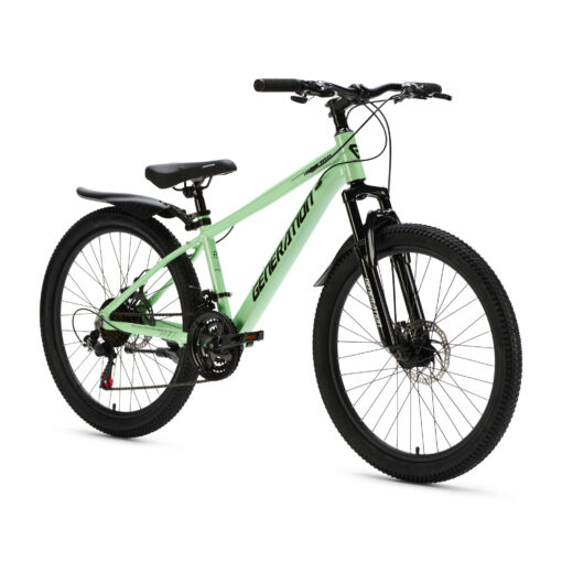 De Generation GT100 24 inch Mintgroen is een lichte en sportieve mountainbike kinderfiets met 21 versnellingen en krachtige schijfremmen, perfect voor actieve kinderen die graag langere en uitdagende ritten maken.