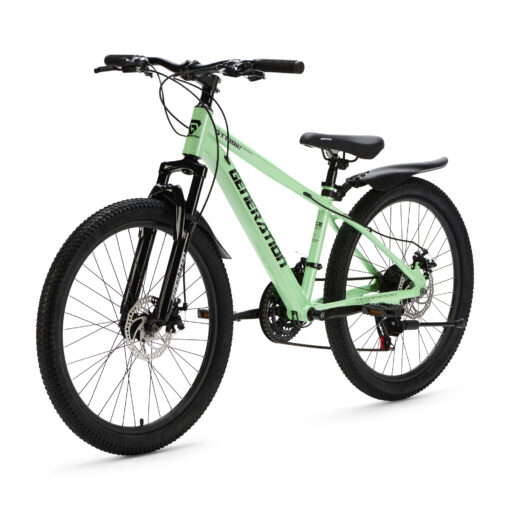 De Generation GT100 24 inch Mintgroen is een lichte en sportieve mountainbike kinderfiets met 21 versnellingen en krachtige schijfremmen, perfect voor actieve kinderen die graag langere en uitdagende ritten maken.