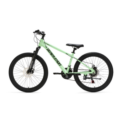 De Generation GT100 24 inch Mintgroen is een lichte en sportieve mountainbike kinderfiets met 21 versnellingen en krachtige schijfremmen, perfect voor actieve kinderen die graag langere en uitdagende ritten maken.